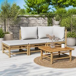 3 Piece Modular Garden Lounge Set: Bamboo with Light Grey Cushions