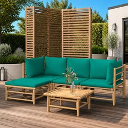 5 Piece Garden Lounge Set: Bamboo, Brown Frame, Green Cushions