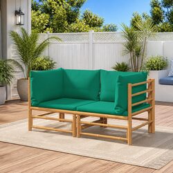 Bamboo Corner Sofa Set 2 Pieces with Green Cushions