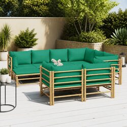 Bamboo Garden Lounge Set 10 Piece Outdoor Furniture with Green Cushions Brown