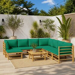 Bamboo Garden Lounge Set 9 Piece with Green Cushions for Outdoor Use