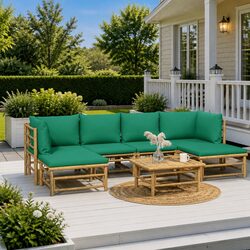 7 Piece Bamboo Garden Lounge Set with Green Cushions