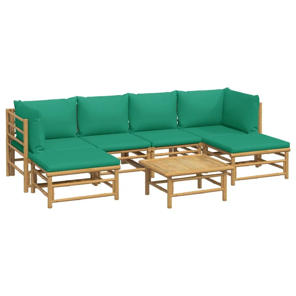 7 Piece Bamboo Garden Lounge Set with Green Cushions