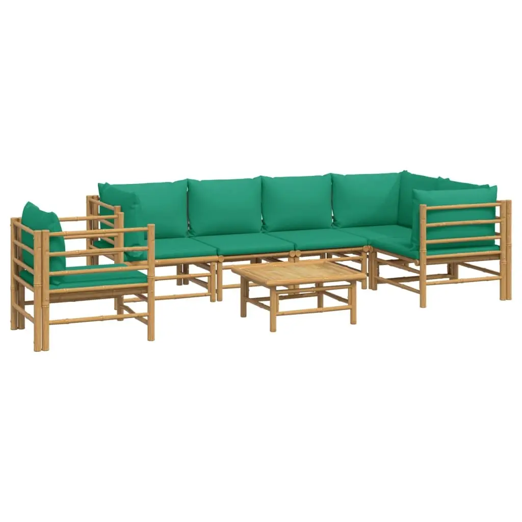7 Piece Bamboo Garden Lounge Set for Outdoor Use with Green Cushions