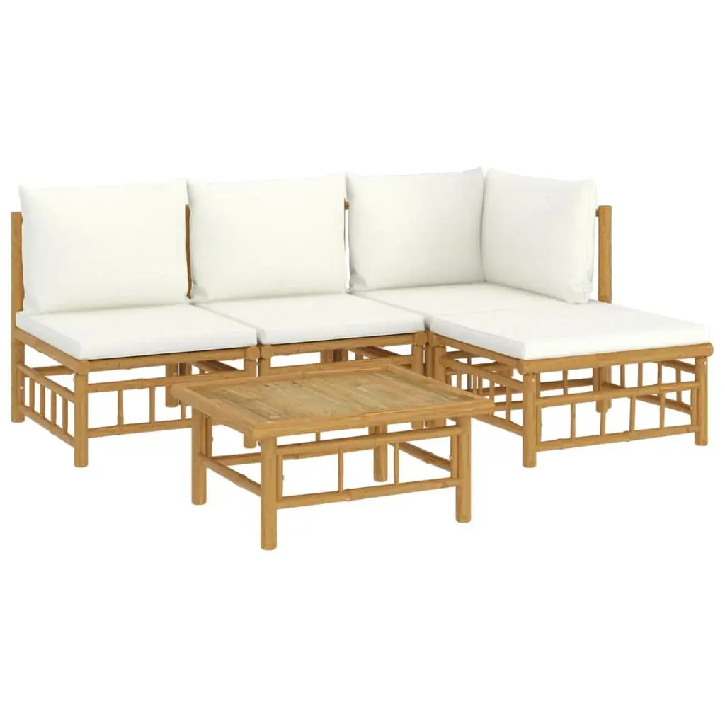 5 Piece Garden Lounge Set Bamboo Outdoor Furniture with Cream Cushions Brown