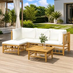 5 Piece Bamboo Lounge Set with Cream Cushions and Table