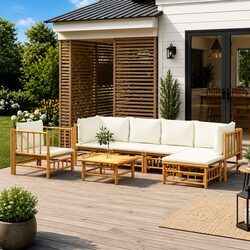 7 Piece Garden Lounge Set Outdoor Furniture Bamboo with Cream Cushions Patio