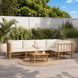6 Piece Garden Lounge Set Bamboo Outdoor Furniture with Cream Cushions Modular