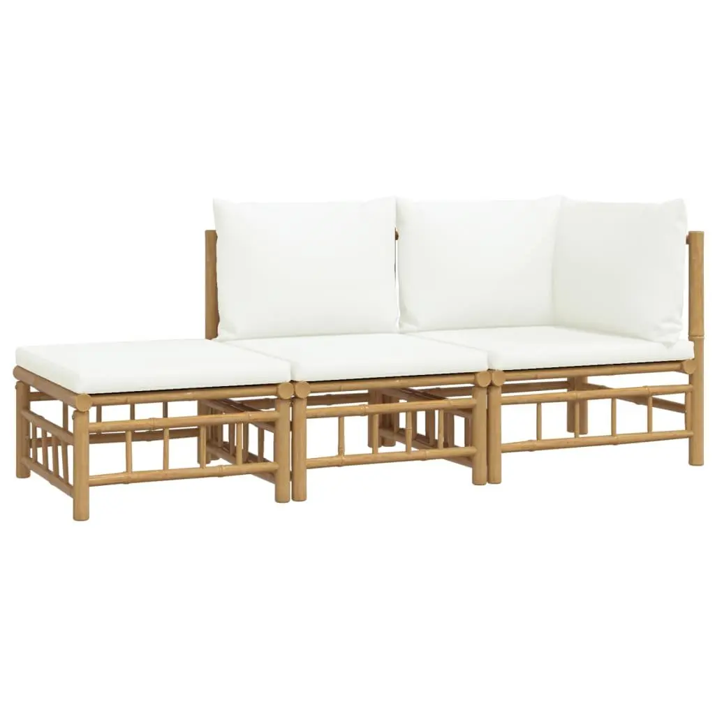 3 Piece Bamboo Garden Lounge Set Outdoor Furniture with Cream Cushions Brown