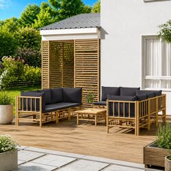 9-Piece Modular Lounge Set: Bamboo with Dark Grey Cushions