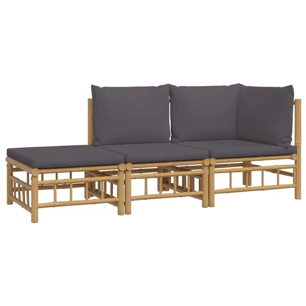 Bamboo Garden Lounge Set 3 Piece for Patio Outdoor Brown with Dark Grey Cushions