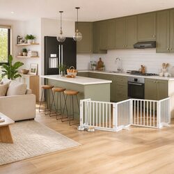 Foldable Dog Gate Specifications: 6 Panels, White Wood