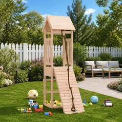 Wooden Playhouse with Climbing Wall Sandpit Platform Outdoor Play Equipment