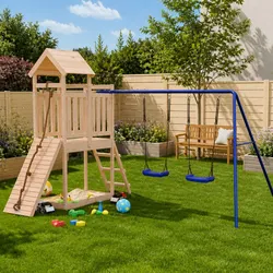 Wooden Playset with Swings, Climbing Wall, and Sandbox