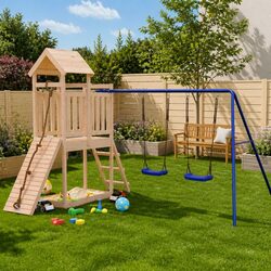 Wooden Playset with Swings, Climbing Wall, and Sandbox
