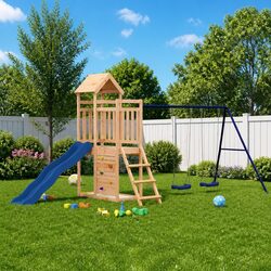 Wooden Playset with Slide, Swings, and Sandbox