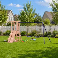Wooden Playset Specs: 90 cm Platform, Double Swings, Sandpit