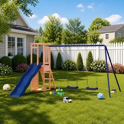 Wooden Outdoor Playset with Double Swing and Slide