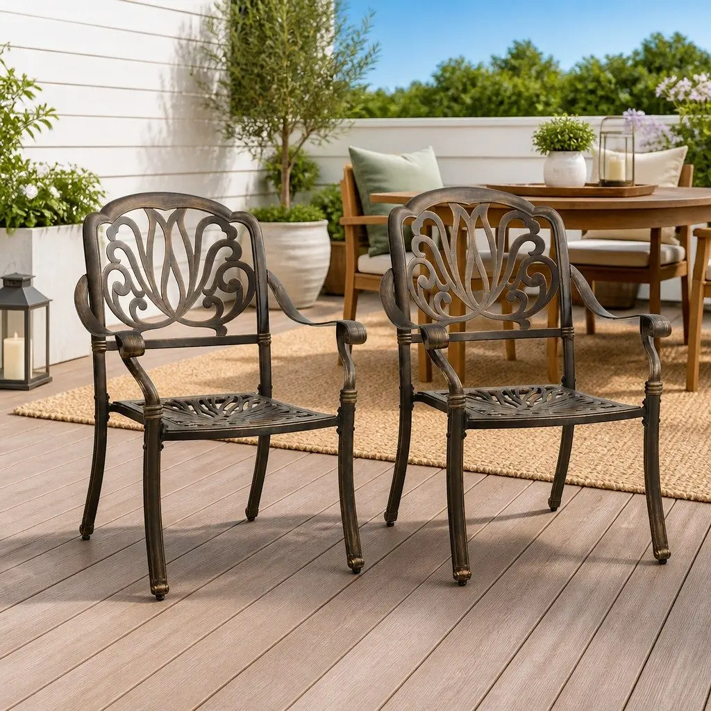 Cast Aluminium Dining Chairs for Outdoor Use Brown Set of 2 Weather Resistant