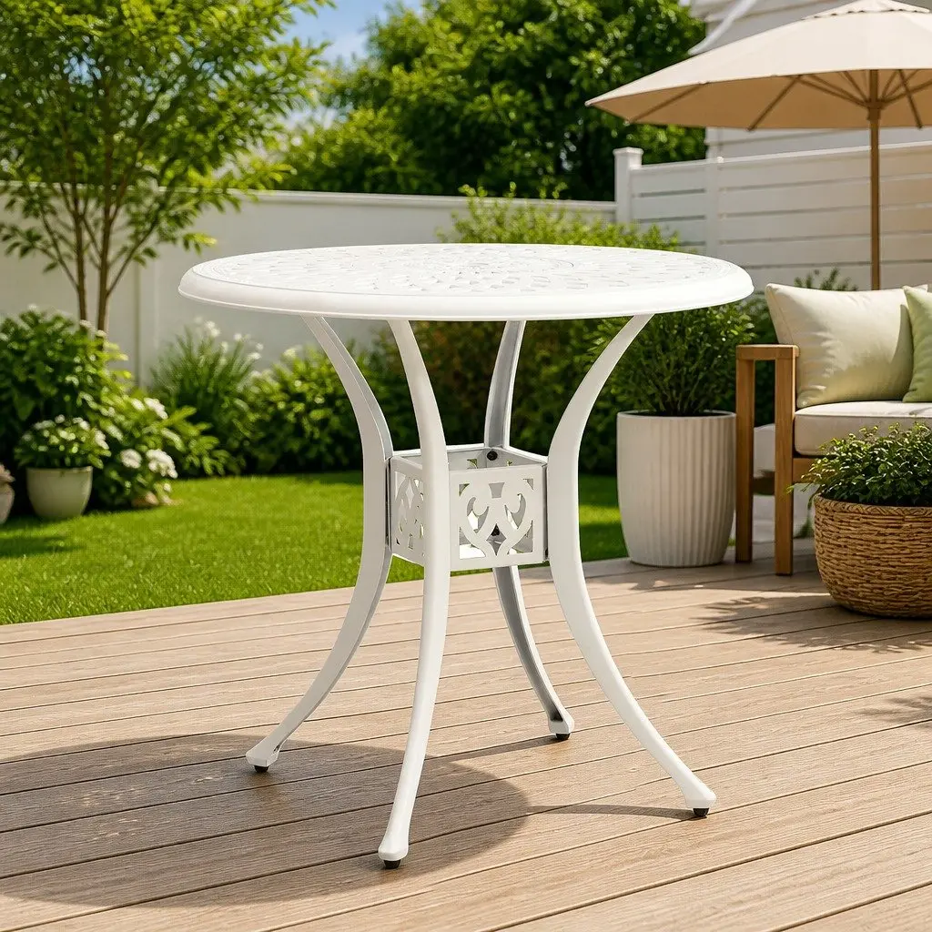 Garden Table White Cast Aluminium Outdoor Patio Furniture Tea Coffee Dining 78cm