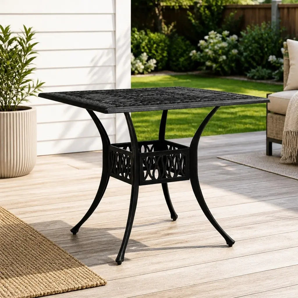 Garden Table Outdoor Patio Dining Cast Aluminium Black 90x90x73cm Umbrella Hole