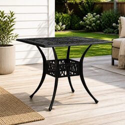 Garden Table Outdoor Patio Dining Cast Aluminium Black 90x90x73cm Umbrella Hole