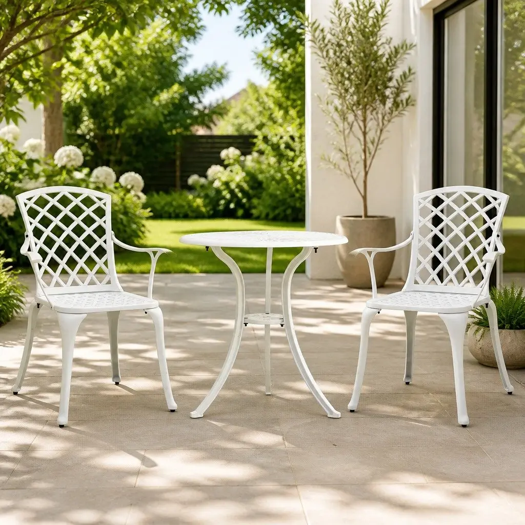 3 Piece Bistro Set Cast Aluminium Outdoor Garden Furniture White Patio Chairs