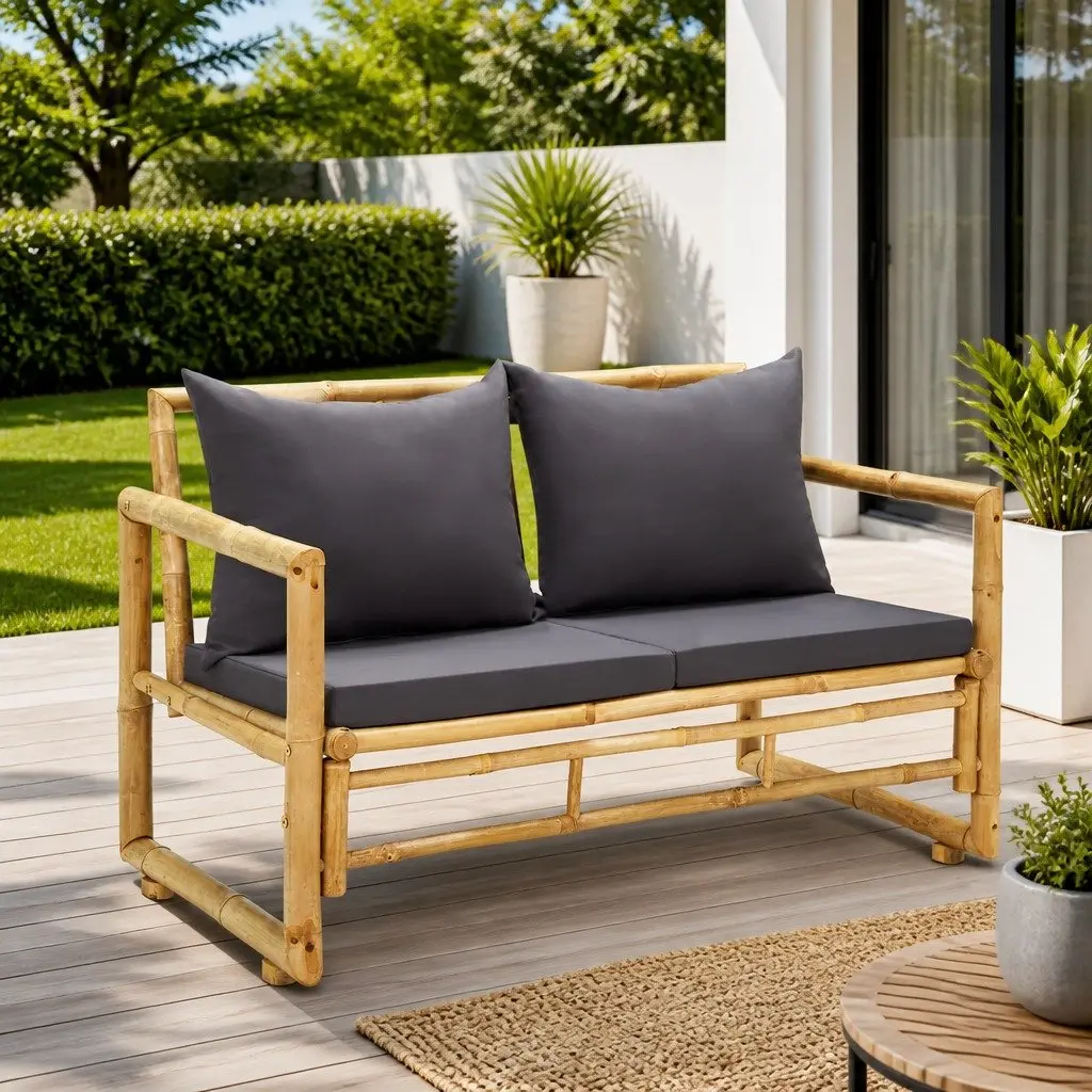 Garden Bench Outdoor Seating 115 cm Bamboo with Grey Padded Cushions