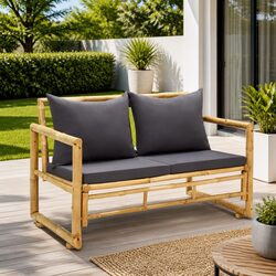 Garden Bench 115 cm: Bamboo, Grey Cushions, Slatted Design