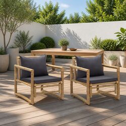Outdoor Garden Chairs with Grey Cushions Set of 2 Bamboo Seating Patio Furniture