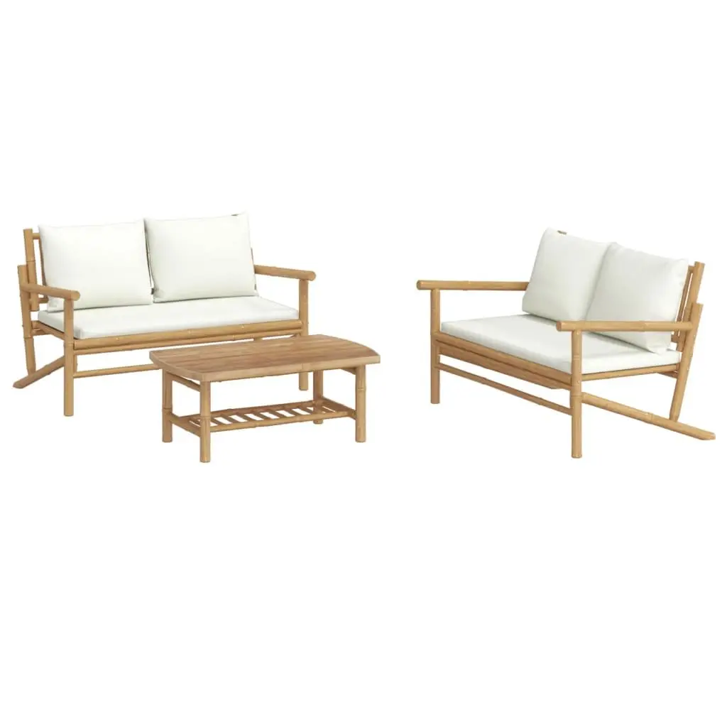 Bamboo Lounge Set 3 Piece Outdoor Furniture for Patio Garden Brown Cream Cushions