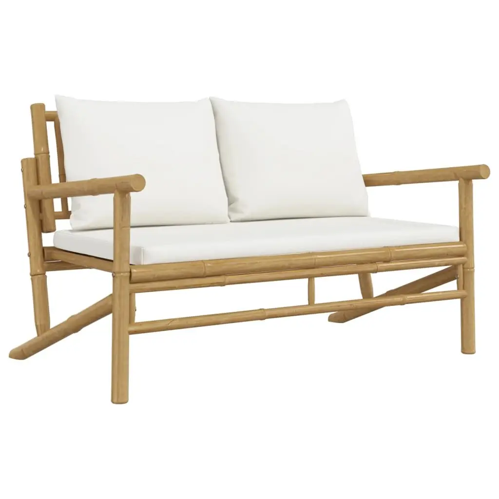 Bamboo Lounge Set 3 Piece Outdoor Furniture for Patio Garden Brown Cream Cushions