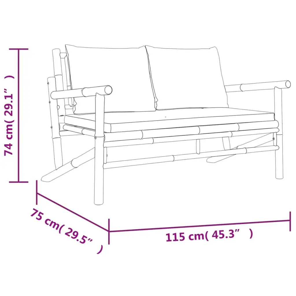 Bamboo Lounge Set 3 Piece Outdoor Furniture for Patio Garden Brown Cream Cushions