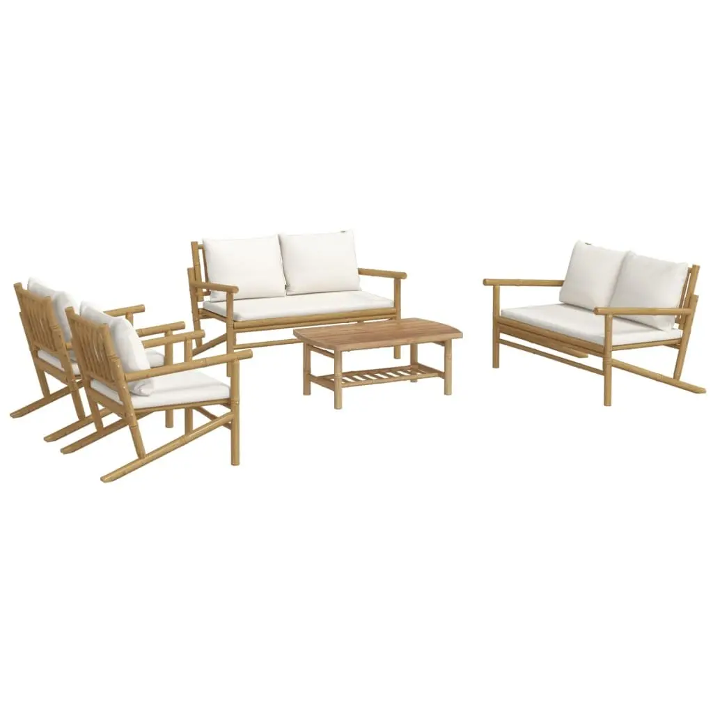 Bamboo Sofa Set 5 Piece Outdoor Lounge Furniture with Cream Cushions for Patio Garden