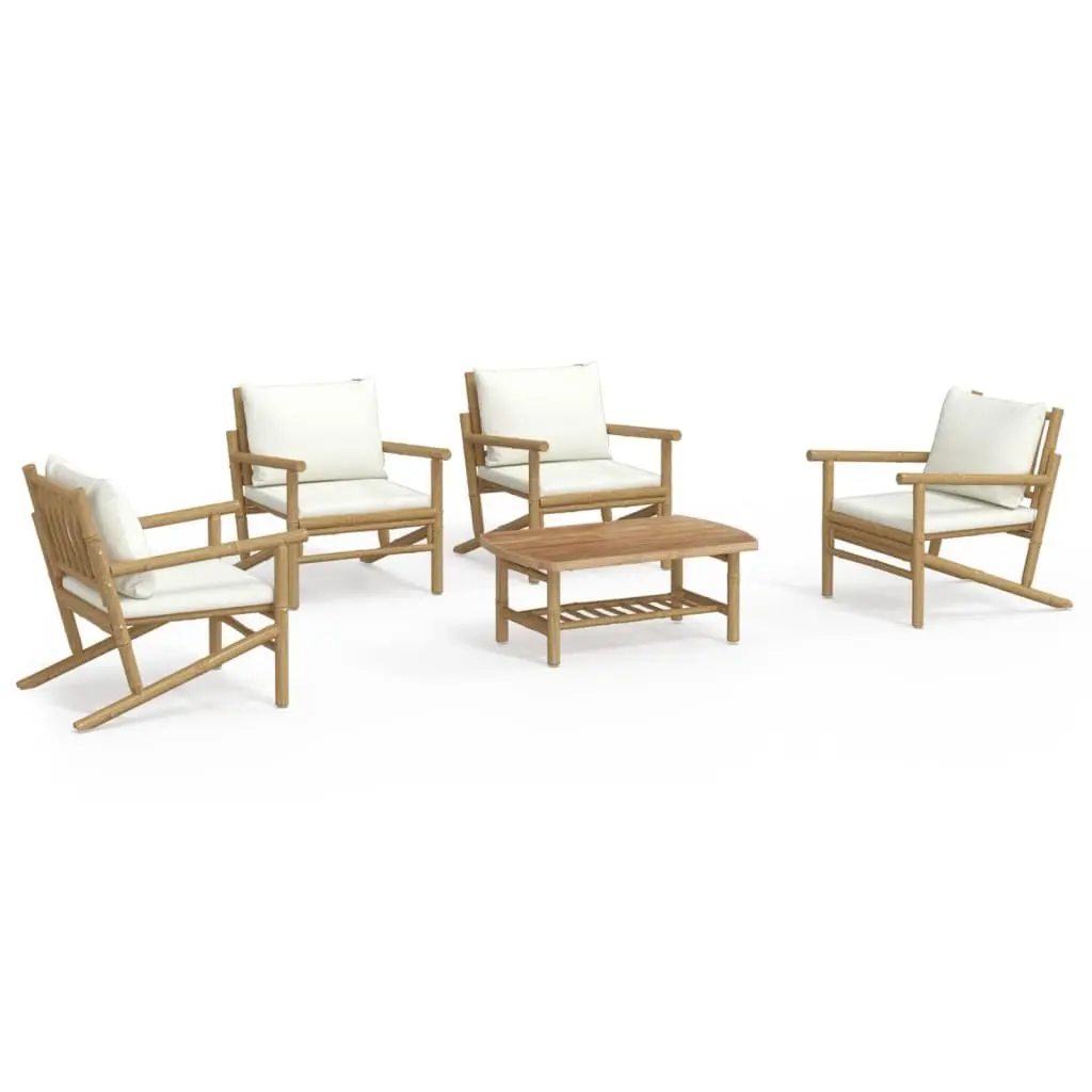 Bamboo Lounge Set 5 Piece Outdoor Furniture for Garden Use with Cream Cushions