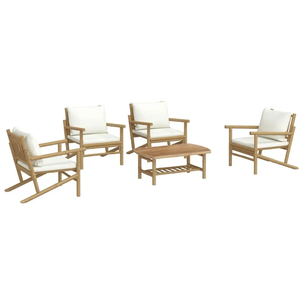 Bamboo Lounge Set 5 Piece Outdoor Furniture for Garden Use with Cream Cushions