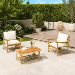3 Piece Bamboo Garden Lounge Set Outdoor Furniture with Cream Cushions