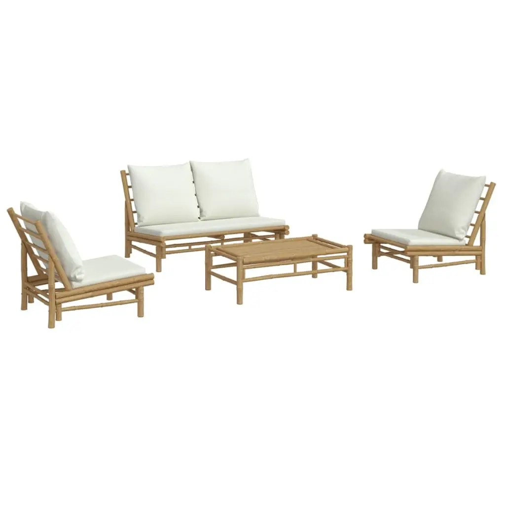 Bamboo Garden Lounge Set Outdoor Furniture 4 Piece with Cream Cushions Brown