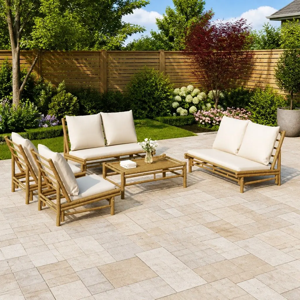 ModularBamboo5PieceOutdoorLoungeSetwithCushionsforGardenPatioBrown