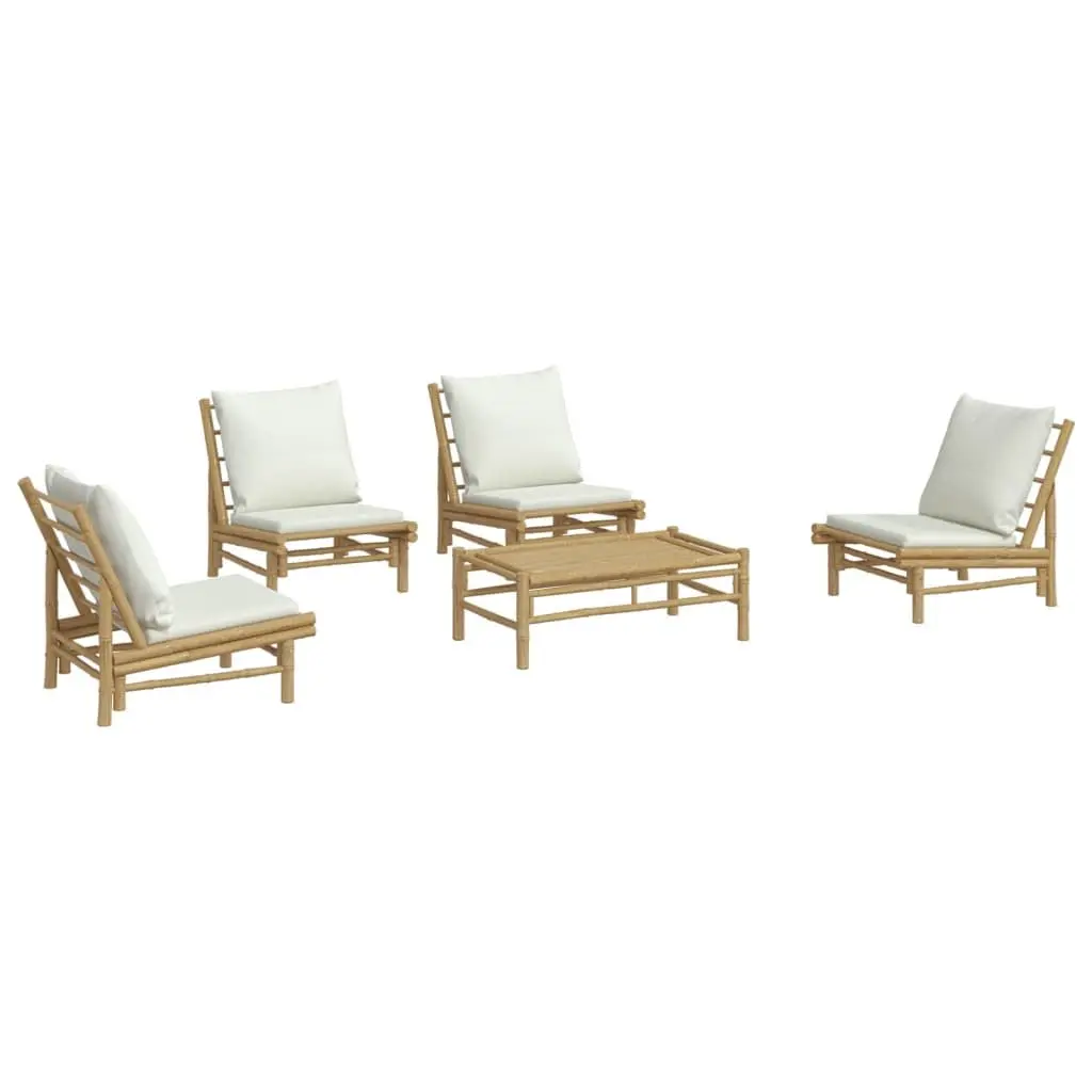 5 Piece Outdoor Garden Lounge Set Bamboo Furniture Cream White Cushions