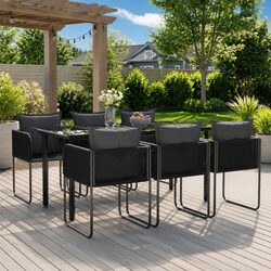 7 Piece Garden Dining Set: Black Rattan with Glass Table