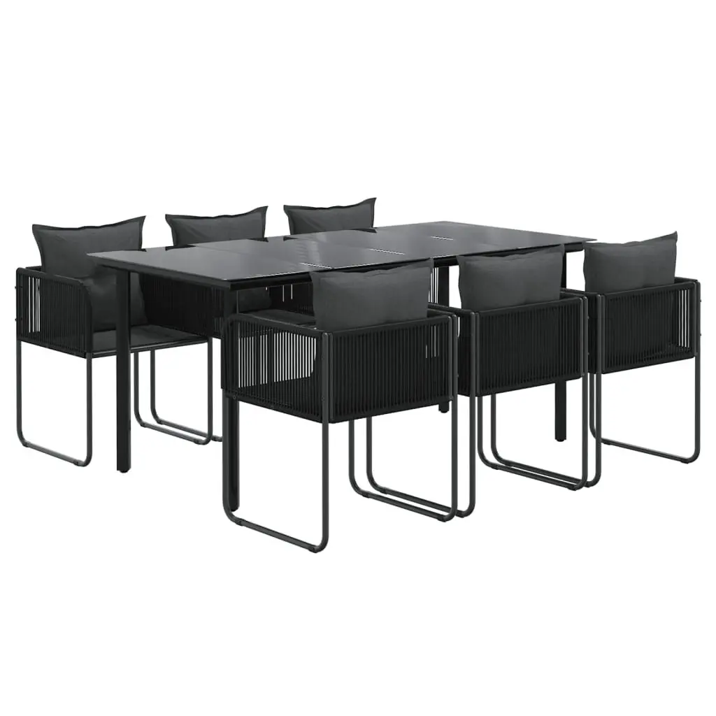 7 Piece Garden Dining Set Outdoor Use Black Glass Table Rattan Chairs