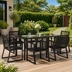 7 Piece Garden Dining Set with Black Rattan and Steel Frame