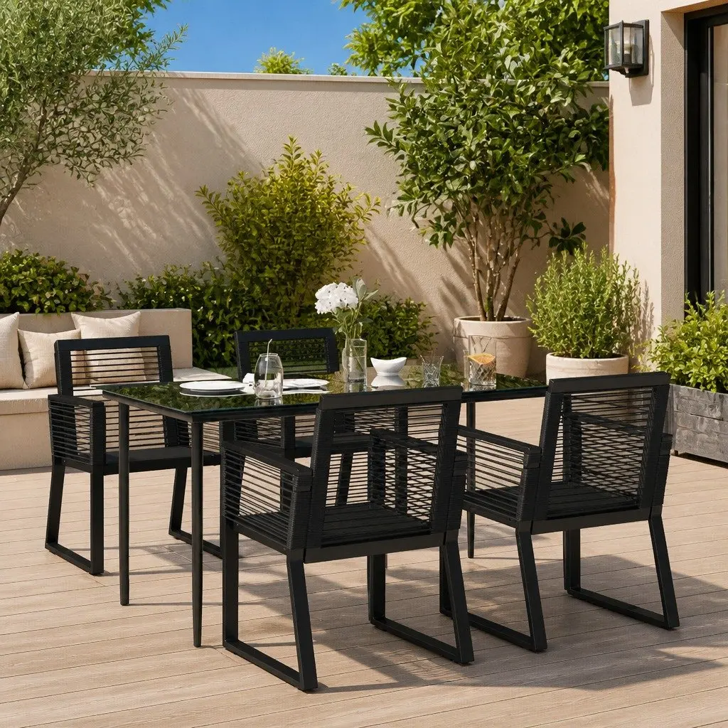 Outdoor Garden Dining Set 5 Piece Black Rattan Chairs Table Patio