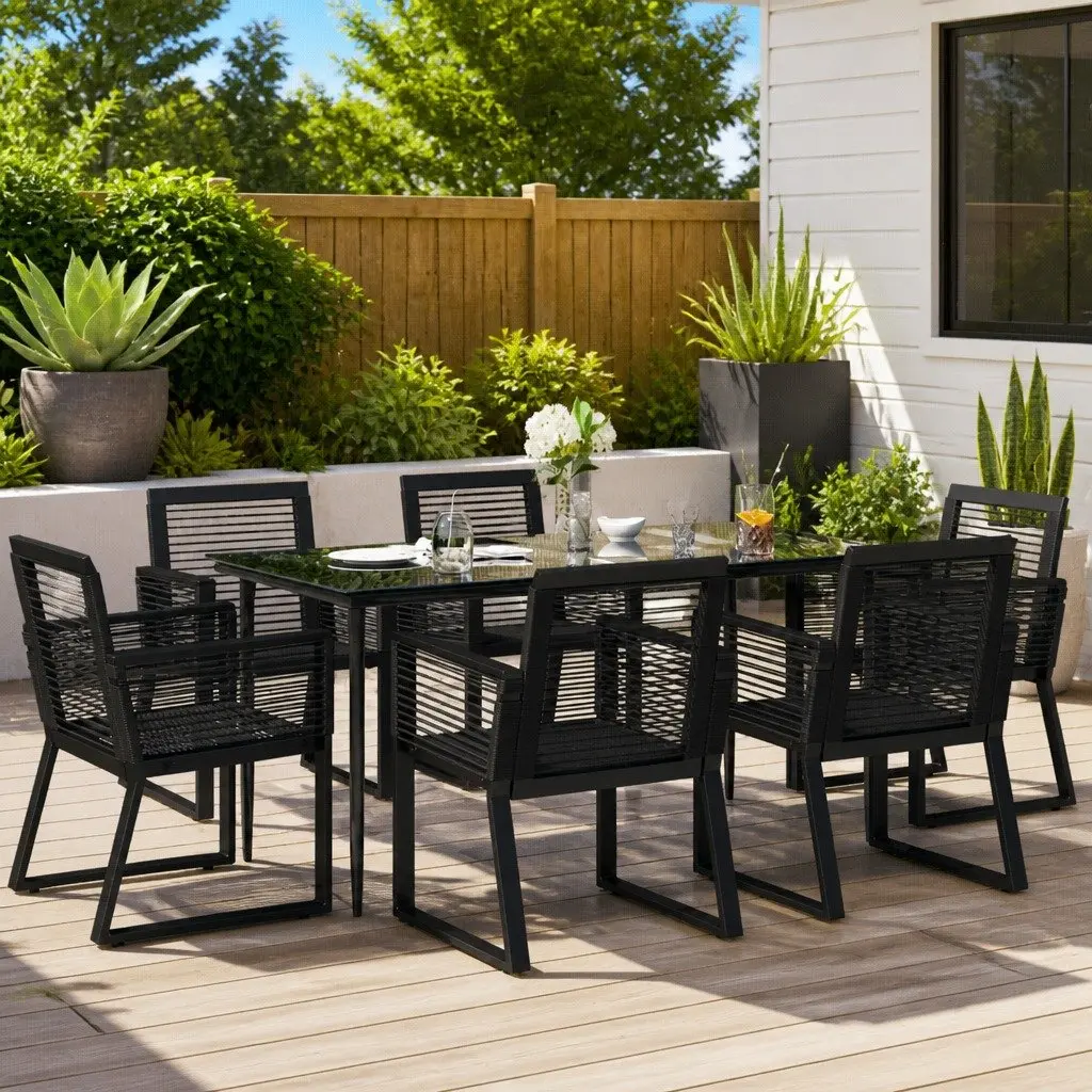 Outdoor Dining Set 7 Piece for Garden Black Rattan Chairs and Table
