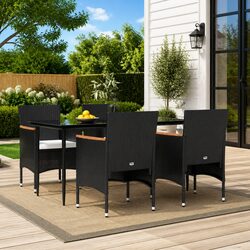 5 Piece Garden Dining Set: Black Rattan, Steel Frame, Tempered Glass