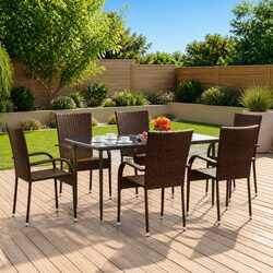 7-Piece Outdoor Dining Set: Brown Rattan & Steel Frame