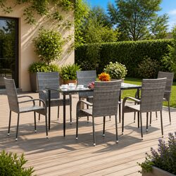 7 Piece Garden Dining Set Grey Poly Rattan Outdoor Furniture Patio Table Chairs