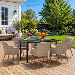 Garden Dining Set: 7 Pieces, Brown Acacia Wood & Cushions