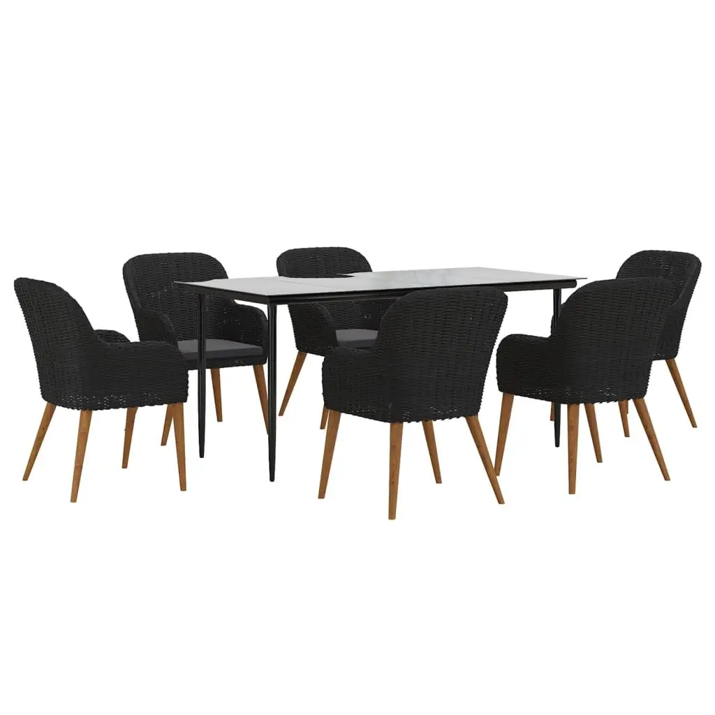 7 Piece Outdoor Dining Set Patio Garden Black Acacia Wood Glass Tabletop Chairs